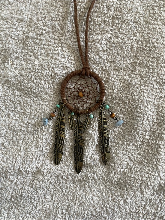 Jewelry - Brown Dreamcatcher Necklace with Brass Feather Charms